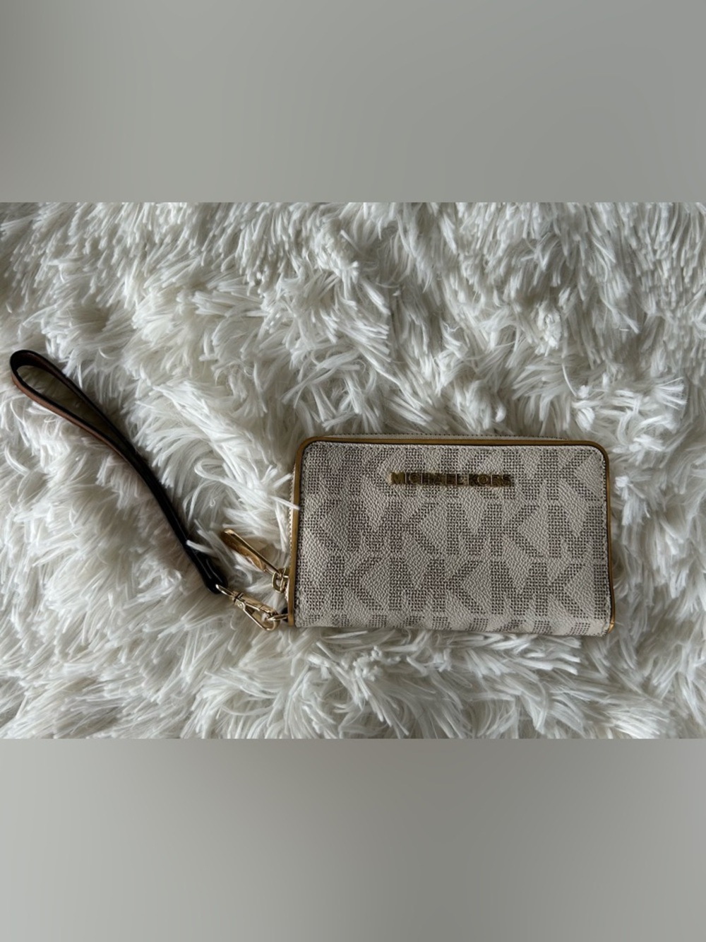 Michael Kors | Ivory/Beige Logo Wristlet with Gold Hardware